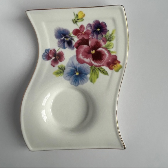 Adeline Fine Porcelain Tea Cup and Saucer Set Pink and Blue Pansy Gold Trim - Picture 5 of 14